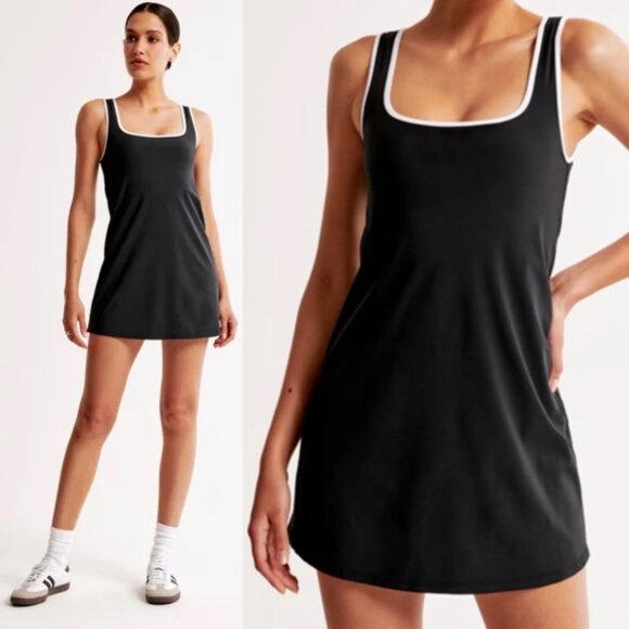 Abercrombie & Fitch Squareneck Traveler Mini Dress M Black White Trim Athleisure - Picture 3 of 16